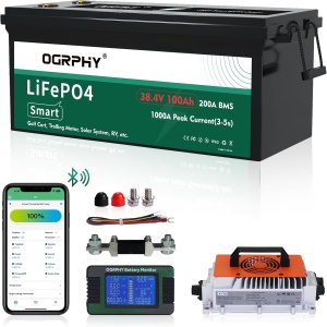 OGRPHY 12V 100Ah LiFePO4 Lithium Batteries with 12V 10A Charger, Grade A Cells, 4000+ Cycles, 10-Year Life, Built-in 100A BMS, IP65 Waterproof for Trolling Motor, RV, Solar, Marine