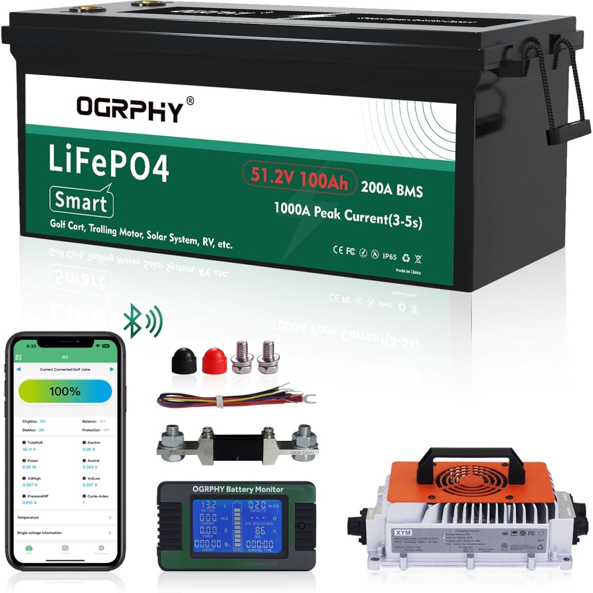 OGRPHY 12V 10A Lithium Battery Charger, 8-Stage Smart Trickle Charger with LED Monitor for 12.8V/14.6V LiFePO4 Batteries, IP65 Waterproof Automotive Battery Charger Maintainer for RV, Marine